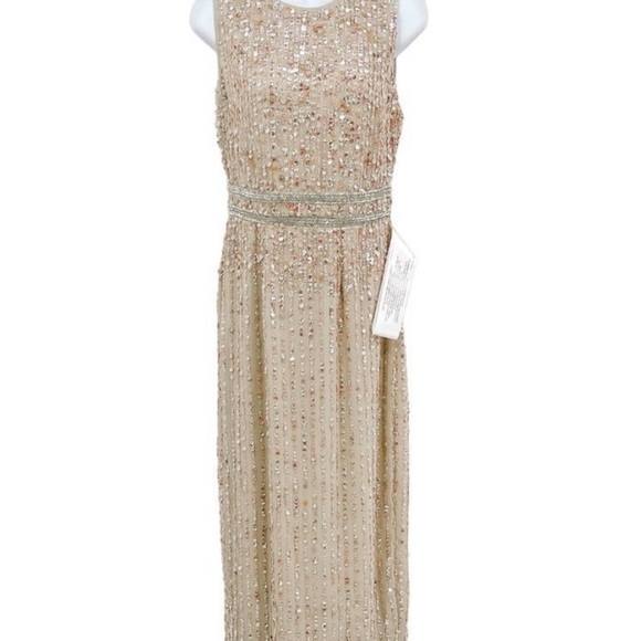 Mac Duggal Sequin High Neck Sleeveless Column Dress Gown Gold Back Slit #6619954 - Picture 3 of 9